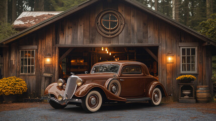 Fototapeta premium Elegant Vintage Car in Front of Historic Barn at Dusk