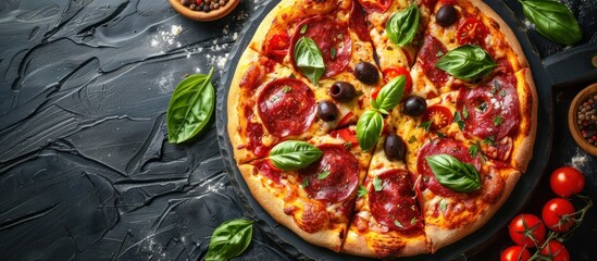 A top view of a mouth-watering pizza topped with pepperoni and olives, placed on a wooden table. - obrazy, fototapety, plakaty