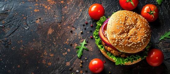 A vegan hamburger topped with fresh tomatoes and crispy lettuce, placed on a sleek black surface.