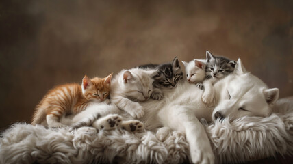 Dog sleeping with kittens on fur