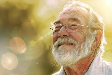 Happy senior man smiling in the sunlight, portrait under divine love, inspirational concept, digital illustration