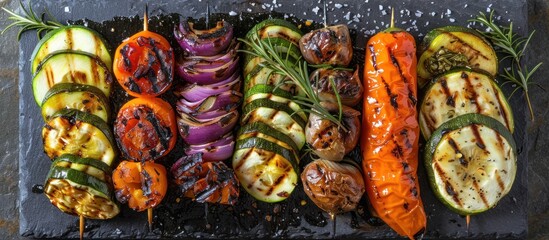 A selection of assorted grilled vegetables is neatly arranged on a dark slate platter. The vibrant colors and enticing grill marks add to the appeal of this fresh and healthy dish.