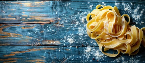 A detailed view of uncooked fettuccine pasta arranged neatly on a wooden surface, showcasing its texture and shape.