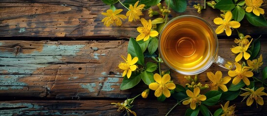 Fresh St. Johns Wort flower herbal tea in a cup, surrounded by vibrant yellow flowers. - obrazy, fototapety, plakaty