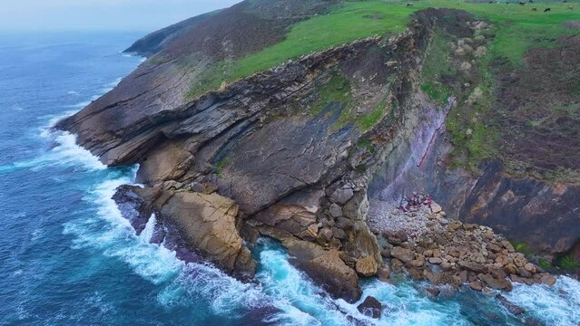 Coastal landscape around the town of Liandres, aerial view from a drone. Ruiloba Municipality. Cantabrian Sea. Cantabria. Spain. Europe