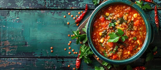 Top view of a bowl of vegan lentil soup filled with tomatoes and fresh herbs, a healthy and nutritious legume dish.