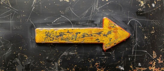 A vibrant yellow arrow is painted on a sleek black surface, creating a striking contrast. The arrow points in a clear direction, serving as a visual guide or marker.