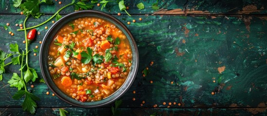 A bowl of vegan lentil soup placed on a green table, showcasing a healthy and nutritious legume dish.