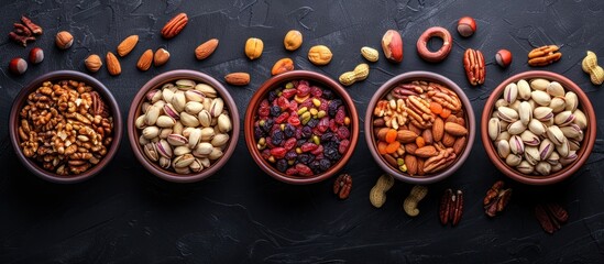 A variety of nuts are neatly arranged in separate bowls, showcasing a selection of pecans, pistachios, and more. - obrazy, fototapety, plakaty