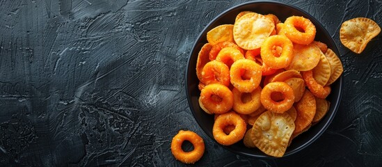 A bowl filled with cheetos, a popular salty and spicy snack made of corn rings, sitting atop a table. - obrazy, fototapety, plakaty