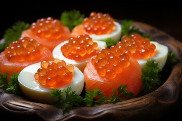 Delicate Salmon eggs food slice. Plate lunch. Generate Ai