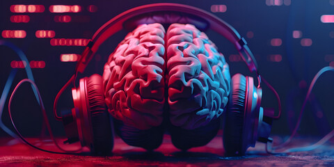 Music brain and musical therapy. Human brain with headphones. generative ai  - obrazy, fototapety, plakaty