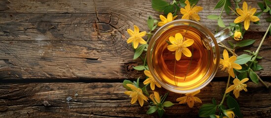 A top view of a cup of herbal tea with fresh St Johns wort yellow flowers placed on a rustic wooden table. - obrazy, fototapety, plakaty