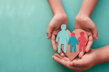 Hands holding heart-shaped paper cutout of family, concept of foster care, adoption, and mental health support