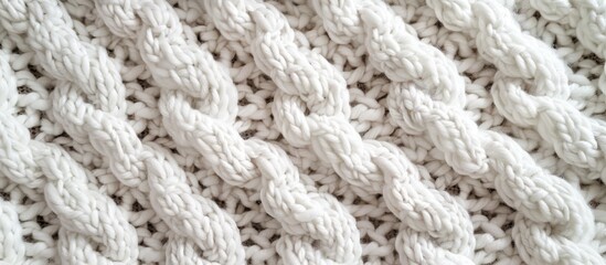 Detailed view of a white cable stitch knitted blanket, showcasing the intricate pattern and texture of the knit.