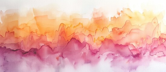 An abstract painting featuring fluid pink and yellow watercolor washes on paper. - obrazy, fototapety, plakaty