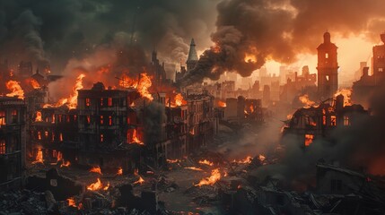 The city is on fire, wars are destroying it, leaving burning broken buildings with smoke and flames. - obrazy, fototapety, plakaty