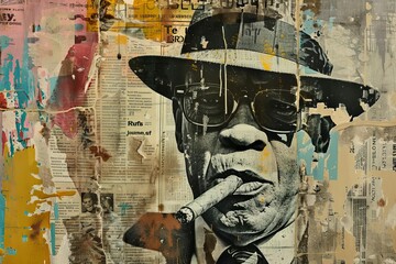 Grunge collage of torn newspapers, spray paint, and tough man smoking cigar, urban street art mixed media illustration