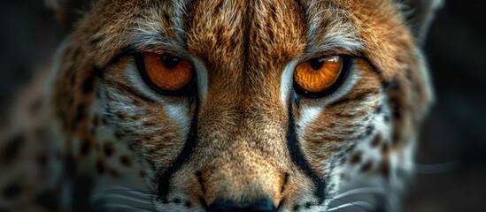 A detailed view of a cheetahs face showing bright orange eyes and distinctive black tear marks. The sleek fur and strong facial features