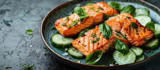 A bowl filled with a fresh salad made of salmon and cucumber, resting on a table.