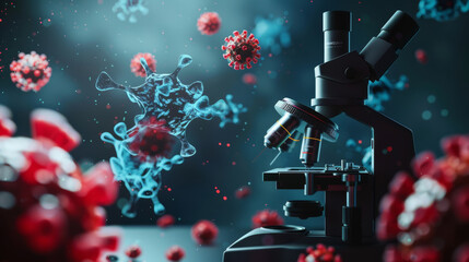 Microscope with 3D viral models, highlighting scientific education