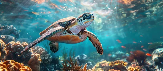 Muurstickers A sea turtle gracefully navigating through vibrant coral reef Sea. © FryArt Studio