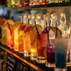 a row of colorful drinks on a bar