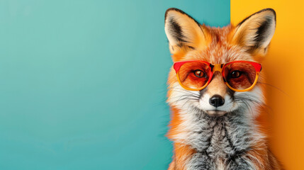 Party fox in chic glasses, vibrant clean colored backdrop - obrazy, fototapety, plakaty
