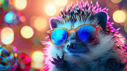 Party hedgehog wearing colorful glasses, vibrant clean scene