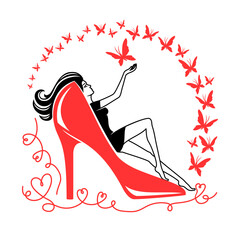 Fashion icon woman sitting in high heel shoes on white background.	