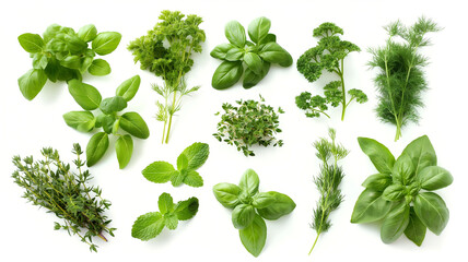Green herbs set  on white background. Rosemary, mint, oregano, basil, sage, parsley, dill, leaves. Herbal seasoning ingredients for cooking.