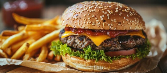 A delicious hamburger topped with cheese and lettuce sits next to a pile of crispy fries on a...