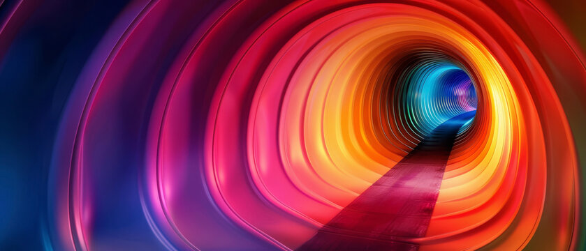 Rainbow light tunnel, creating a portal effect against the dark