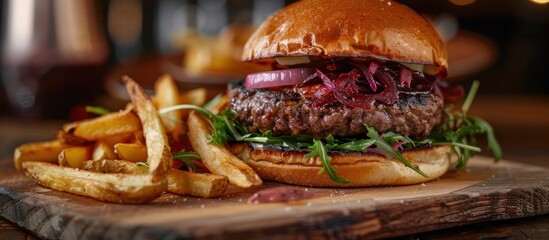 Close-up view of a smoky hamburger with beef, onions, and beetroot, served alongside French fries...