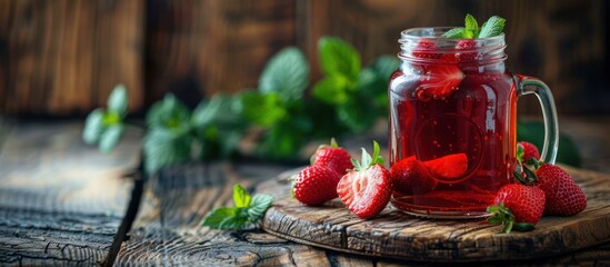 delicious jar  filled with liquid and fresh strawberries placed on a rustic wooden table. - Powered by Adobe