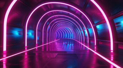 Vibrant neon tunnel swirling into infinity, dark contrast