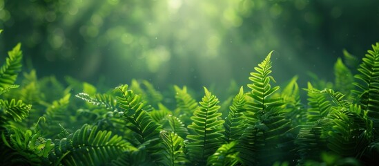 Detailed view of lush green fern leaves in a forest setting.