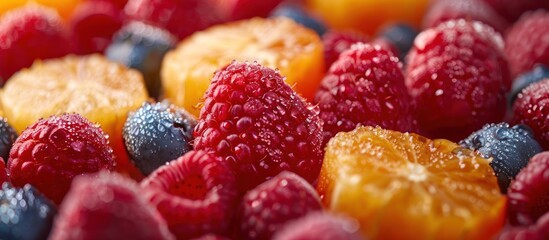 A variety of ripe, colorful fruits like raspberries, apples, grapes, and oranges arranged closely in a vibrant, enticing display.