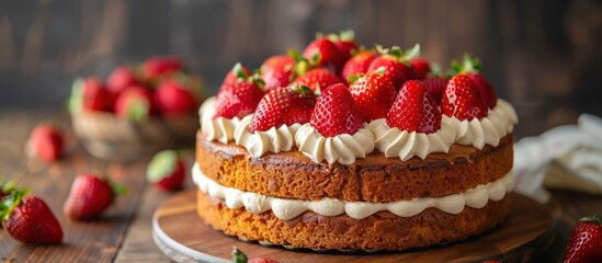 A detailed view of a delicious homemade cake topped with juicy fresh strawberries.