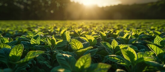 A field filled with vibrant green leaves under the bright suns glow in the background, creating a...
