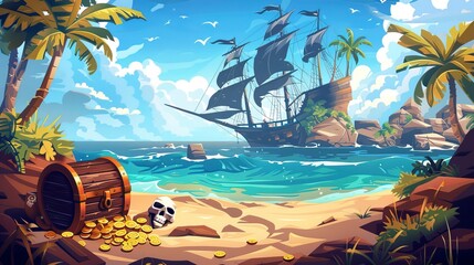 Pirate vintage tropical island with treasures.