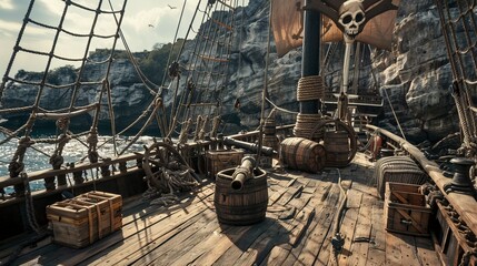 View of the wooden deck of a pirate ship - obrazy, fototapety, plakaty