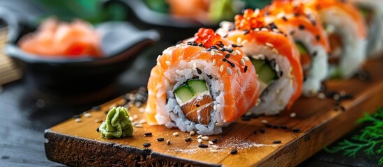 A sushi roll filled with crisp cucumber slices and topped with black sesame seeds, served on a wooden surface.