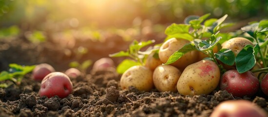 A heap of freshly harvested potatoes sitting on top of fertile soil in a field. - obrazy, fototapety, plakaty