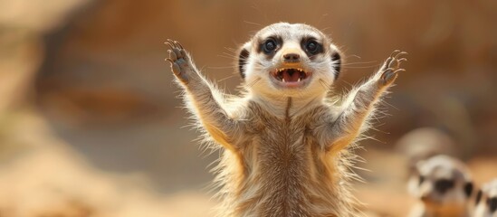A small meerkat joyfully jumps up in the air while standing on its hind legs. - obrazy, fototapety, plakaty