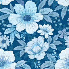 Seamless flowers and leaves in white and blue color pattern. Can be used for fabric, textile, wallpaper, gift wrap paper, background.