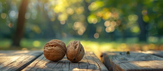 Two walnuts resting on a wooden table with a blurred background. - obrazy, fototapety, plakaty