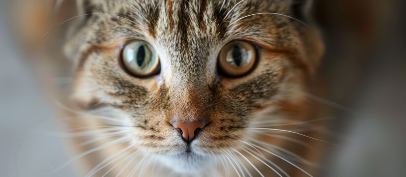 A domestic shorthaired cat is engaged in a direct gaze at the camera, showcasing its curious expression and whiskers.