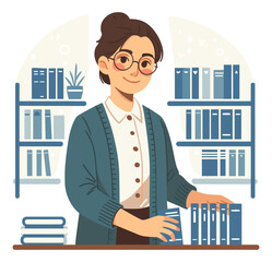 A vector illustration of a knowledgeable librarian, organizing books on a shelf with a gentle smile, in a cardigan and glasses, set in a flat design style.