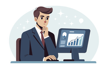 A vector illustration of a strategic financial advisor, analyzing financial data on a computer screen with a thoughtful expression, in a suit.